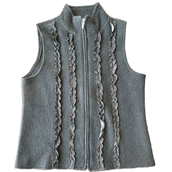 Coldwater Creek Women's Black Ruffle Front Zippered Vest 100% Wool Size Medium M - Picture 1 of 9